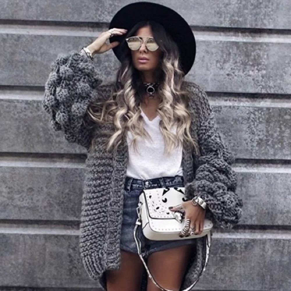 Grey Bubble Sleeve Open Front Cardigan Sweater